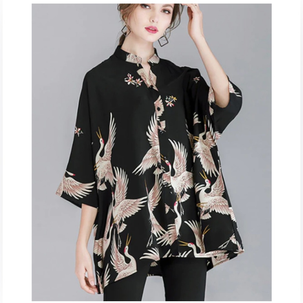 BUYKUD Crane Printed Button Stand Collar Black Coffee 3/4 Sleeves Blouse 3XL